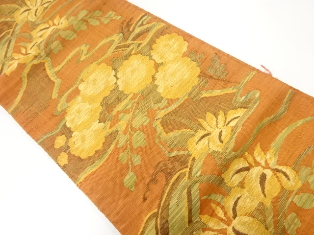 じゅらく製　手織り紬菊に菖蒲模様織出し名古屋帯